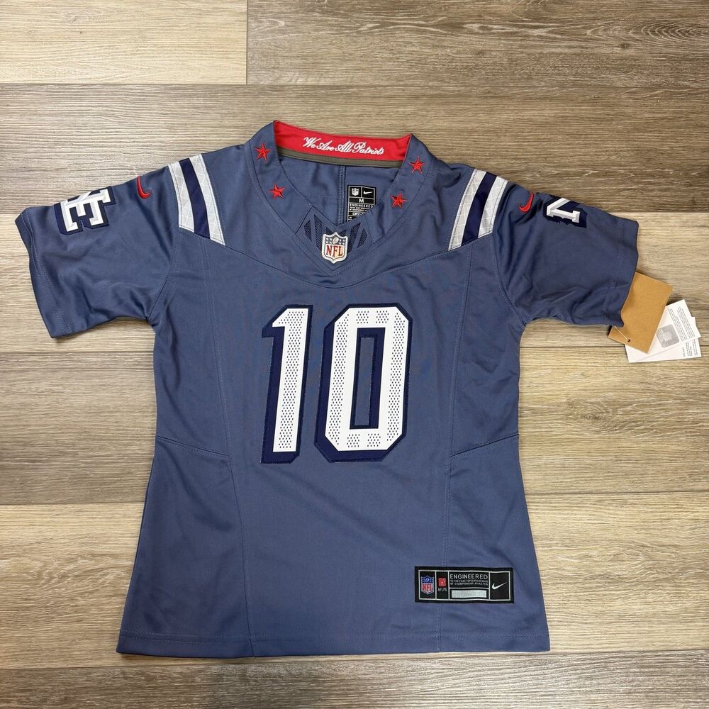 New England Patriots Jersey Womens Medium Blue NFL Football Drake Maye 10 Nike